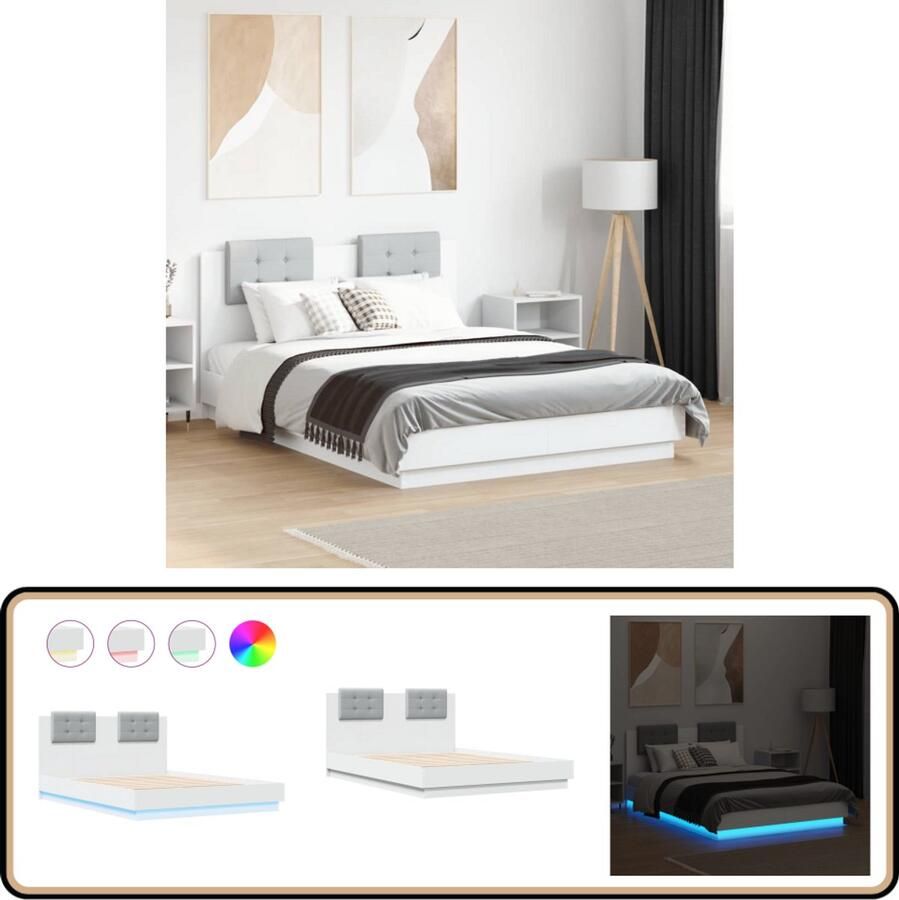VidaXL Bedframe met hoofdeinde en LED-verlichting wit 140x190 cm