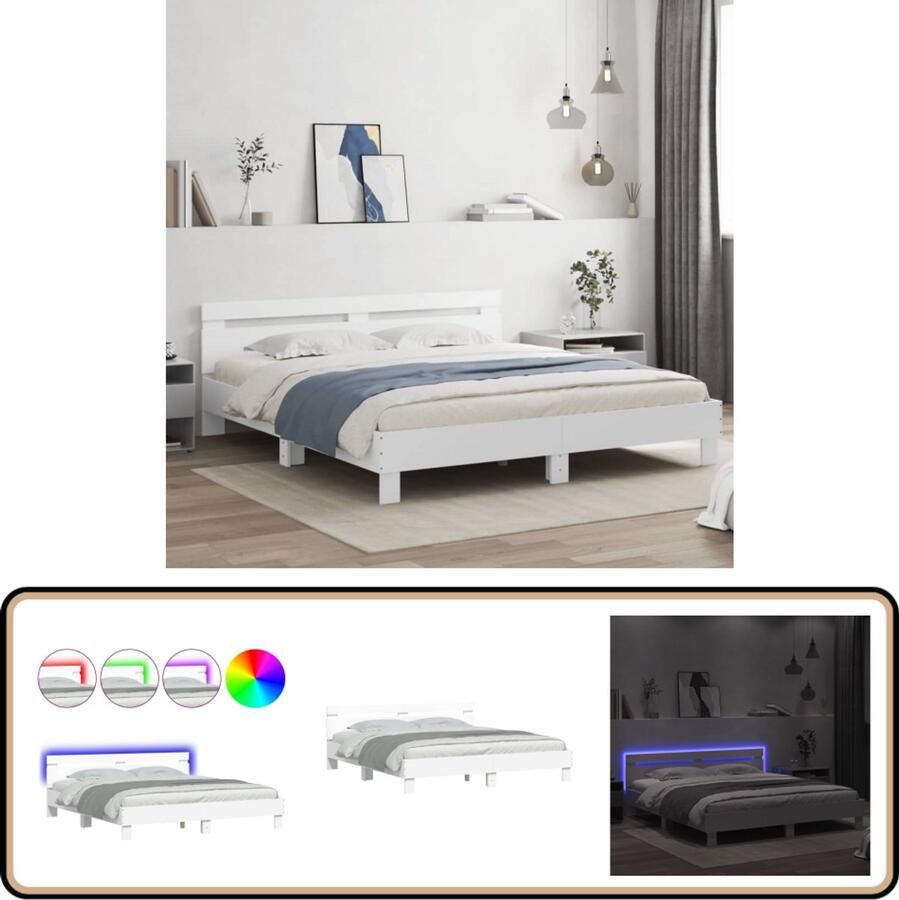 VidaXL Bedframe met hoofdeinde en LED-verlichting wit 160x200 cm