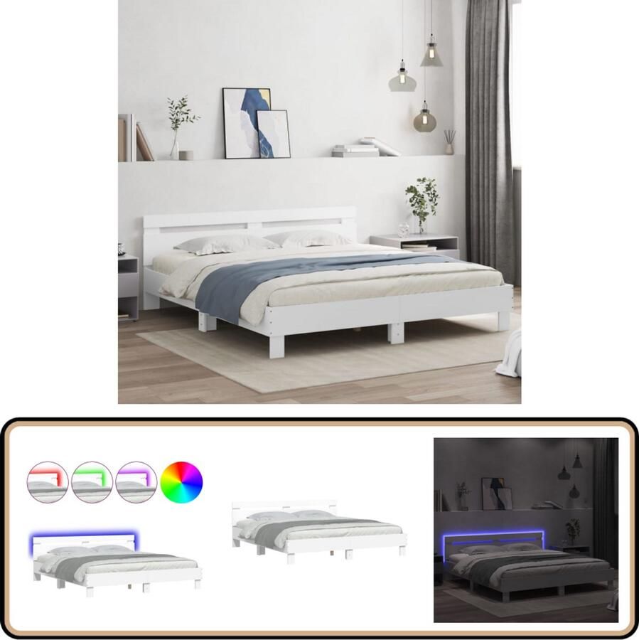 VidaXL Bedframe met hoofdeinde en LED-verlichting wit 200x200 cm