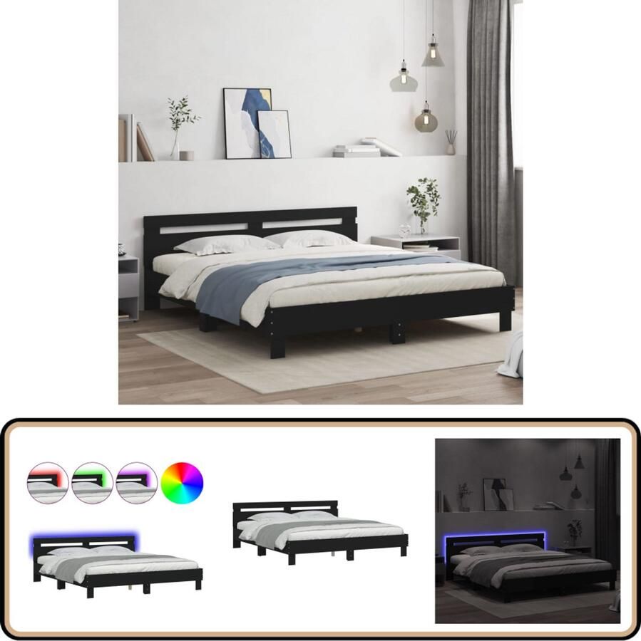 VidaXL Bedframe met hoofdeinde en LED-verlichting zwart 200x200 cm