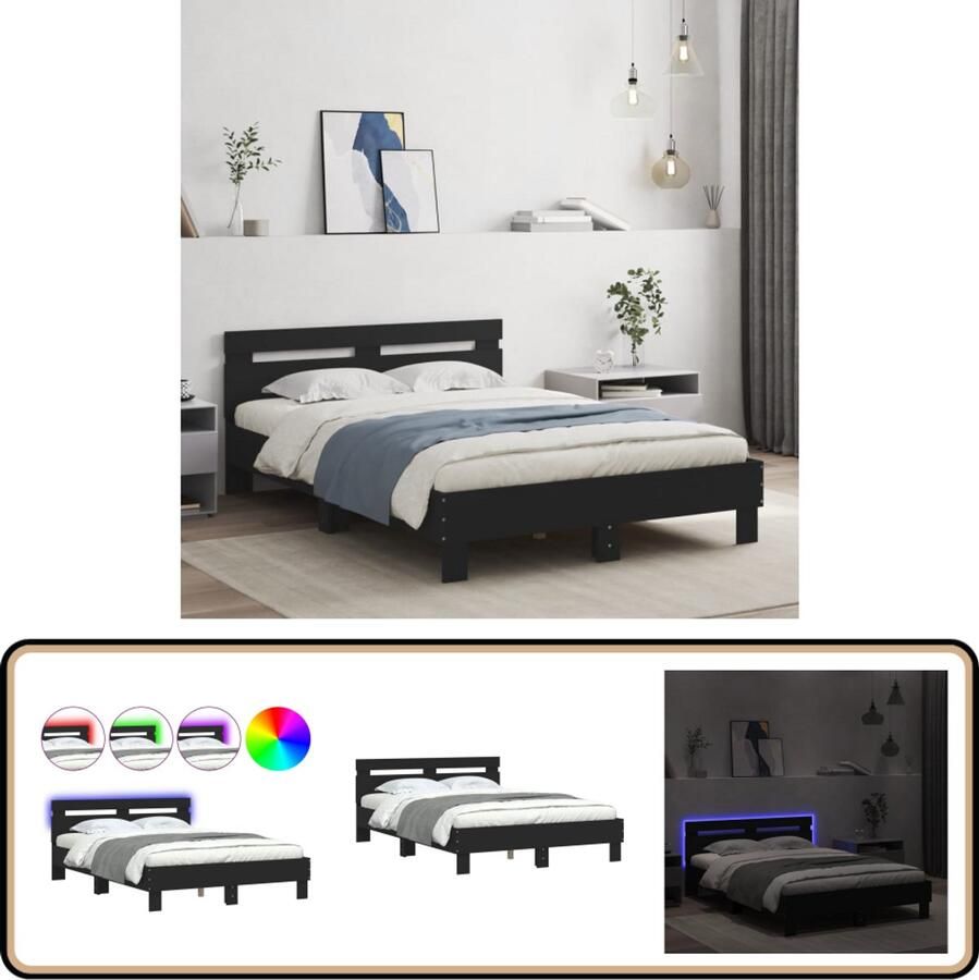 VidaXL Bedframe met hoofdeinde en LED zwart 135x190 cm