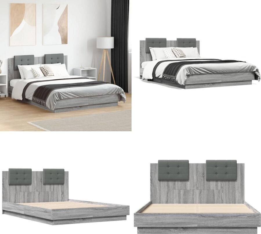 VidaXL Bedframe met hoofdeinde grijs sonoma eiken 135x190 cm Bedframe Bedframes Bed Bedbodem