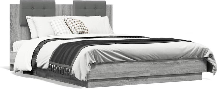 VidaXL Bedframe Grijs Sonoma Eiken 135x190 cm Slaapcomfort Houten Bed Frame Bed Met Hoofdbord Boxspring Bed Tweepersoons Bed King Size Bed Modern Bed Minimalistisch Bed Grijze Bed - Foto 2