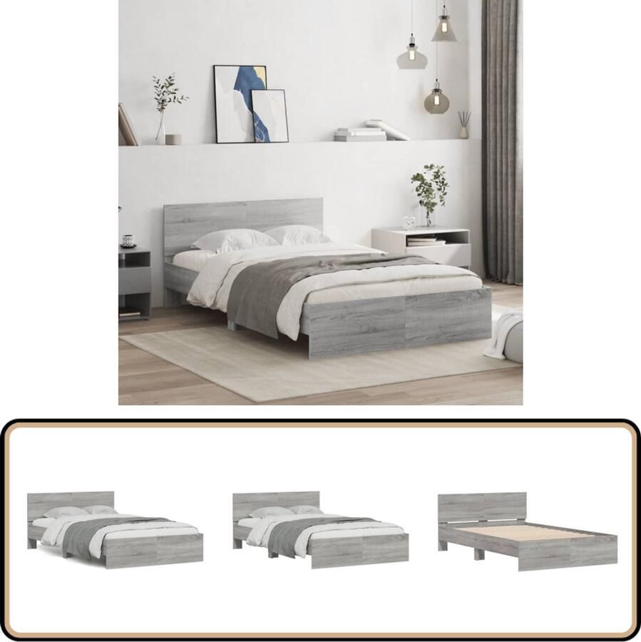 VidaXL -Bedframe-met-hoofdeinde-grijs-sonoma-eikenkleurig-135x190-cm - Foto 2