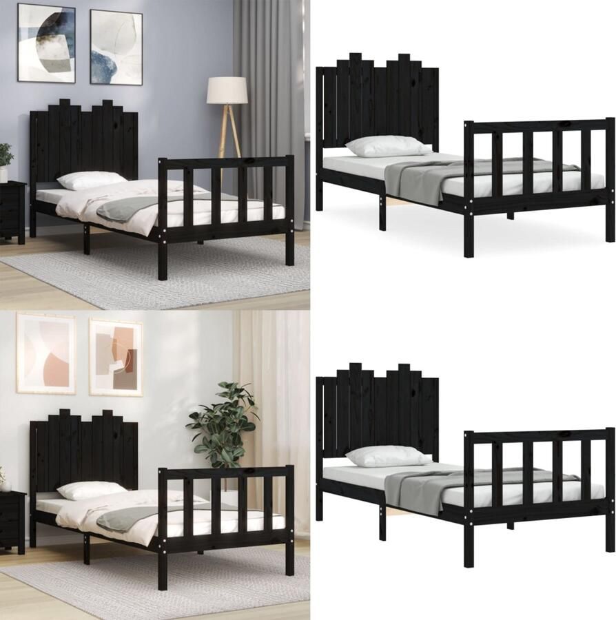 VidaXL Bedframe met hoofdeinde massief hout zwart 90x190 cm Bedframe Bedframes Bed Eenpersoonsbed