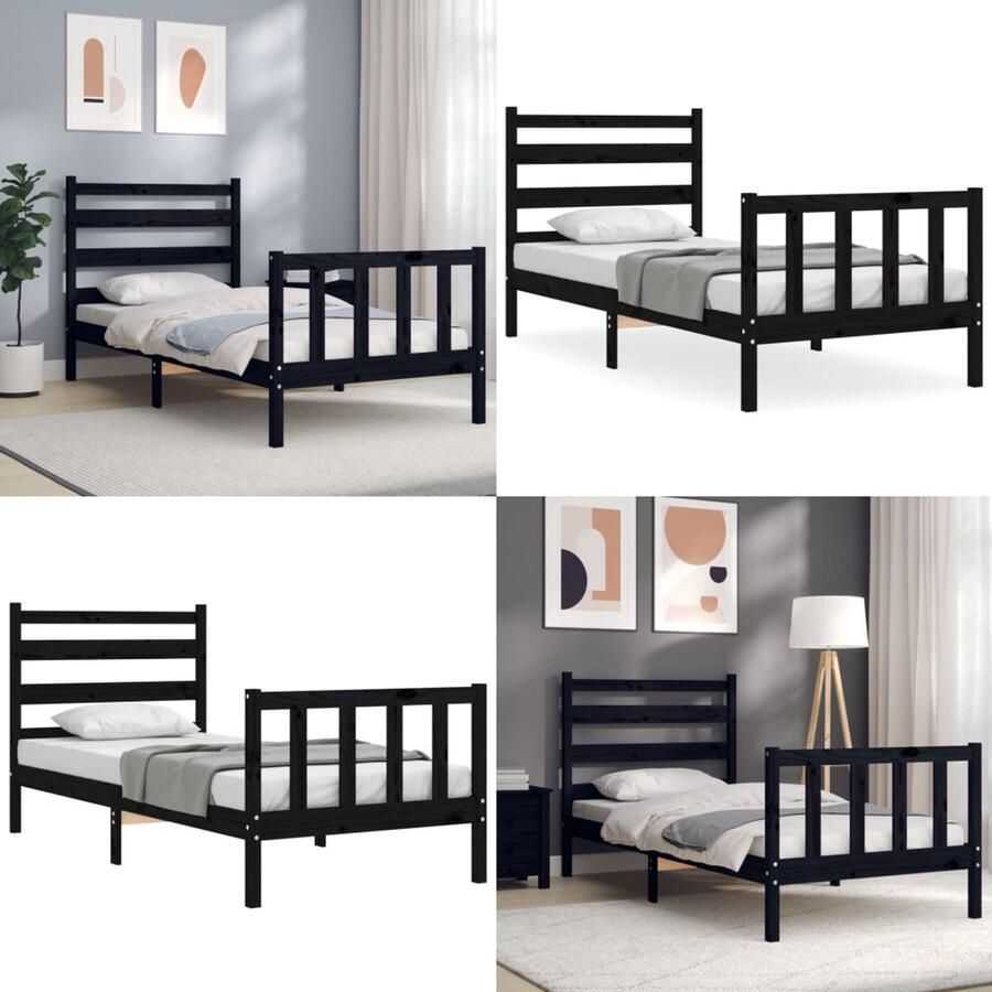 VidaXL Bedframe met hoofdeinde massief hout zwart 90x190 cm Bedframe Bedframes Bed Eenpersoonsbed