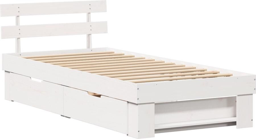 VidaXL Bedframe met lade met hoofdeinde met opslag Wit 75 x 190 cm Massief grenenhout