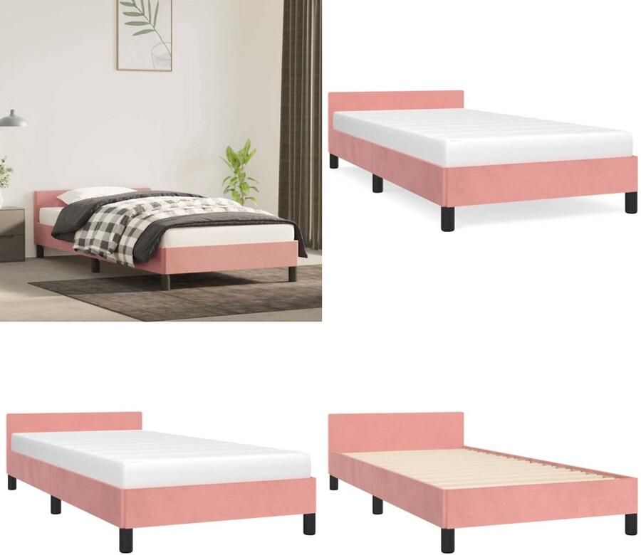VidaXL Bedframe met hoofdeinde zonder matras 100x200 cm fluweel roze Bedframe Met Hoofdeinde Bedframes Met Hoofdeindes Bed Slaapmeubel