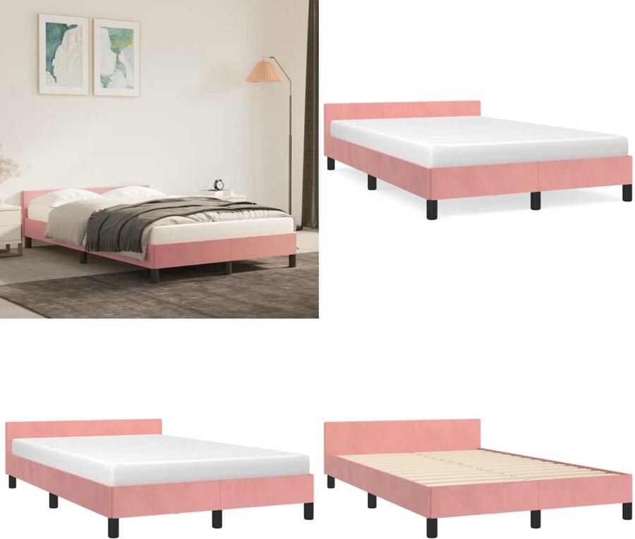 VidaXL Bedframe met hoofdeinde zonder matras 120x200 cm fluweel roze Bedframe Met Hoofdeinde Bedframes Met Hoofdeindes Bed Slaapmeubel
