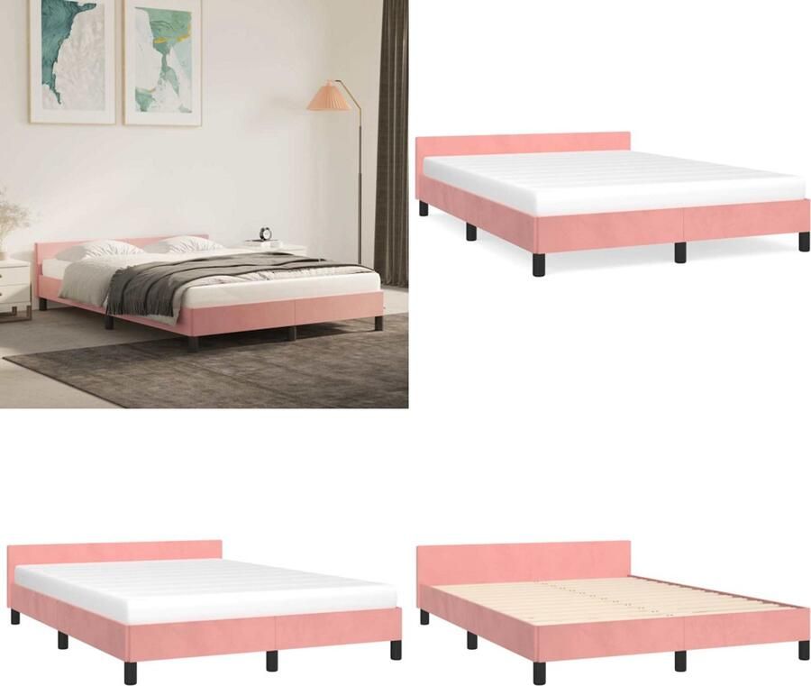 VidaXL Bedframe met hoofdeinde zonder matras 140x200 cm fluweel roze Bedframe Met Hoofdeinde Bedframes Met Hoofdeindes Bed Slaapmeubel