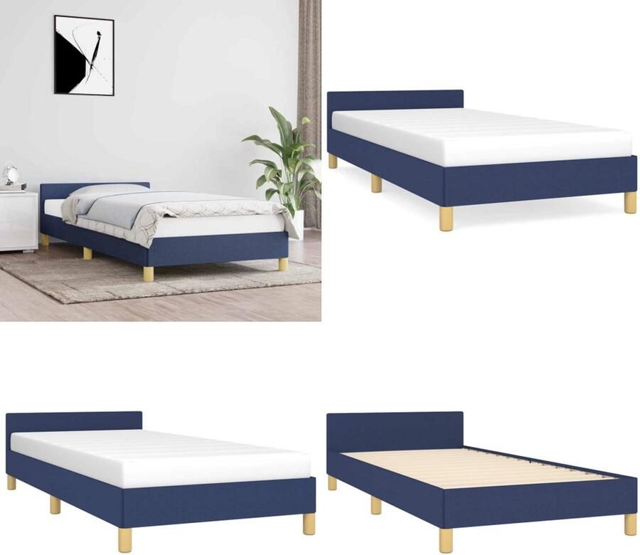 VidaXL Bedframe met hoofdeinde zonder matras 90x200 cm stof blauw Bedframe Met Hoofdeinde Bedframes Met Hoofdeindes Bed Slaapmeubel