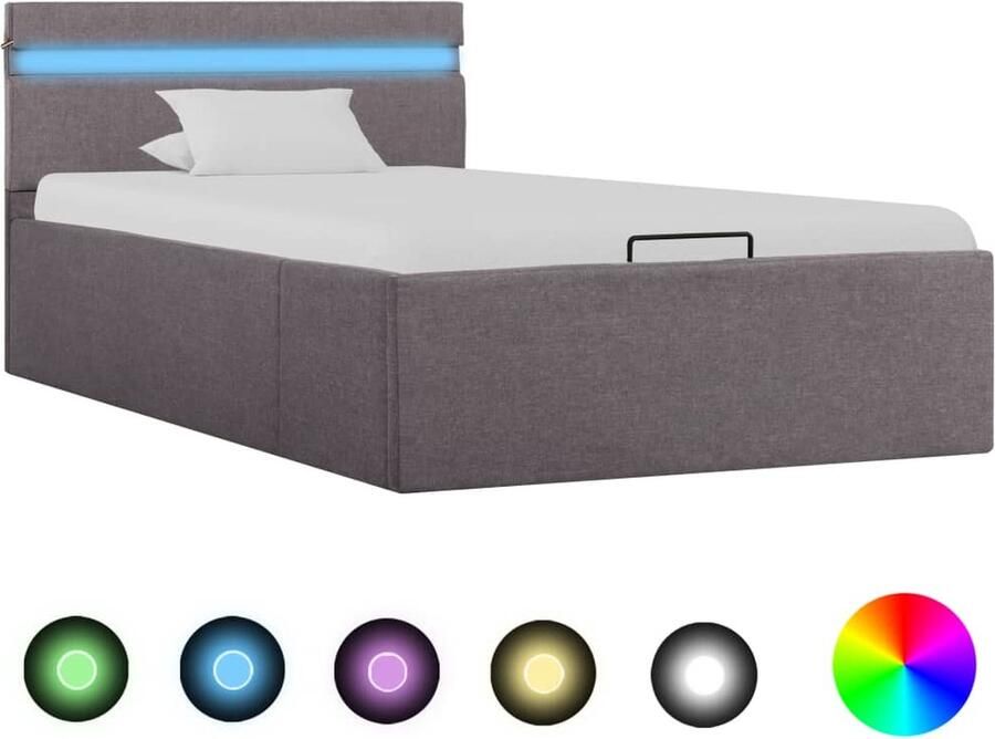 The Living Store Bedframe Hydraulisch Eenpersoons Taupe 100x200 cm Opbergvak LED-strip Hydraulisch Bed Stof Bed Eenpersoonsbed Taupecamerameubilair Led Verlichting Bed