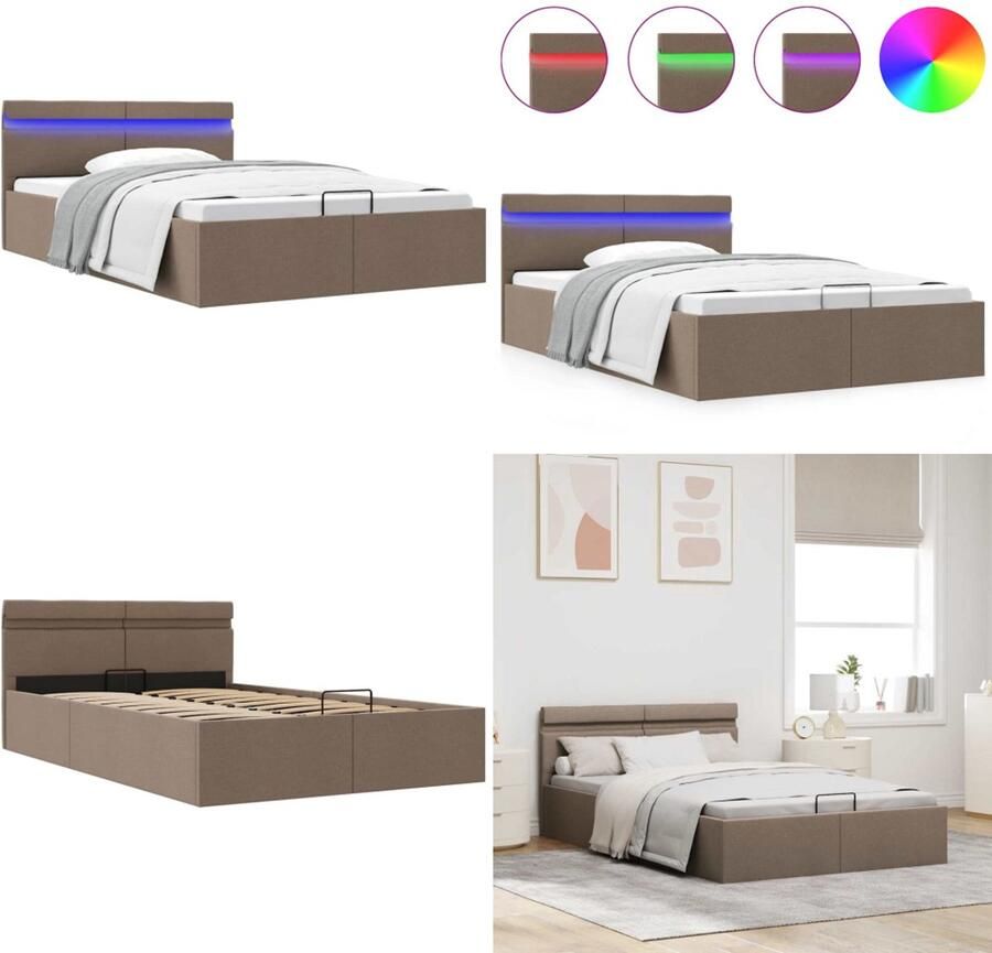 VidaXL Bedframe met hydraulische opslag en LED stof taupe 140x200 cm Bedframe Bedframes Bed Bedden