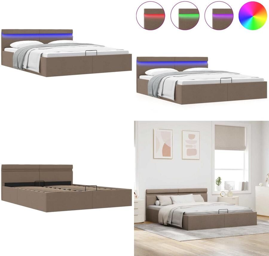 VidaXL Bedframe met hydraulische opslag en LED stof taupe 160x200 cm Bedframe Bedframes Bed Bedden