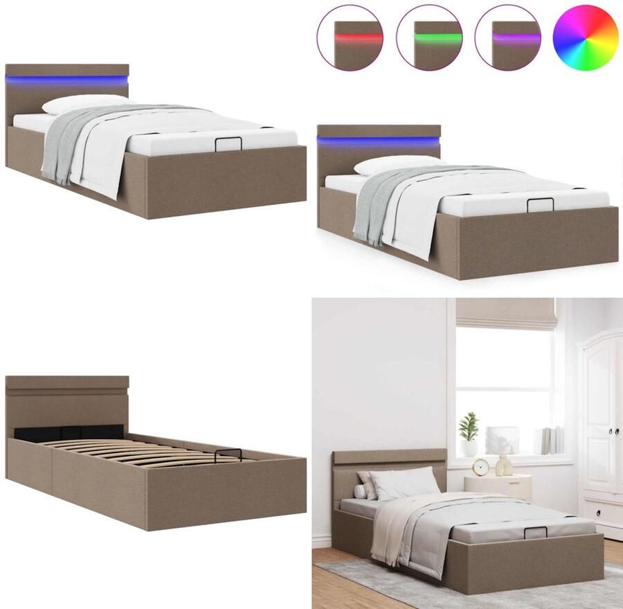 VidaXL Bedframe met hydraulische opslag en LED stof taupe 90x200 cm Bedframe Bedframes Bed Bedden