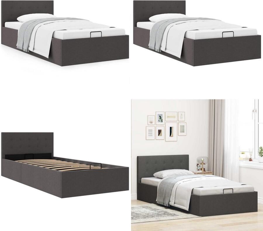 VidaXL Bedframe met hydraulische opslag stof donkergrijs 100x200 cm Bedframe Bedframes Bed Bedden