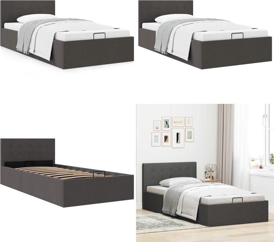 VidaXL Bedframe met hydraulische opslag stof donkergrijs 90x200 cm Bedframe Bedframes Bed Bedden