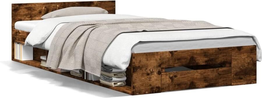 VidaXL -Bedframe-met-lade-bewerkt-hout-gerookt-eikenkleurig-90x190-cm