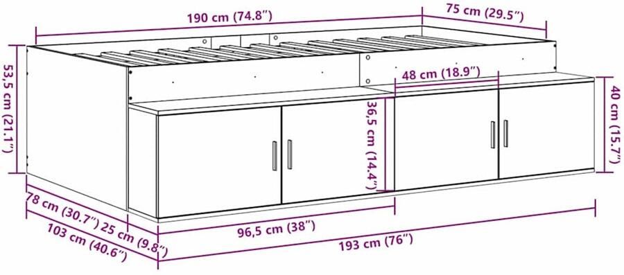 VidaXL Opbergbedframe met opslag Grijs sonoma 75 x 190 cm Bewerkt hout - Foto 2