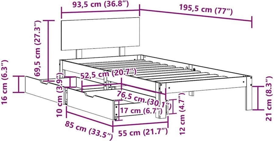 VidaXL Bedframe met lades 90x190 cm Grenenhout Bed Frame Houten Bed Tweepersoonsbed Stapelbare Laden Slaapcomfort