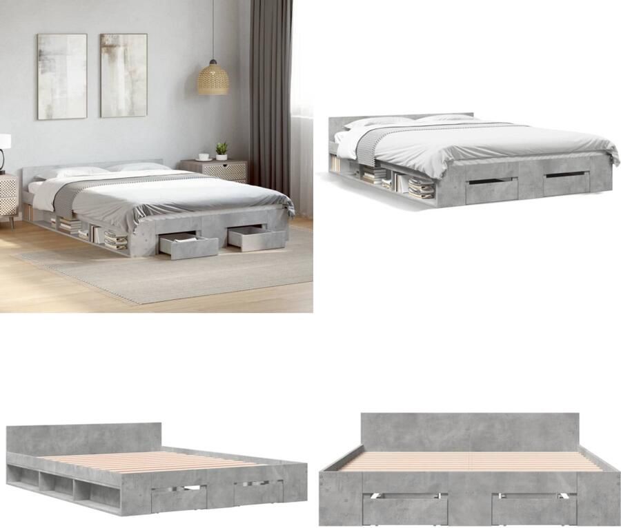 VidaXL Bedframe met lades bewerkt hout betongrijs 120x200 cm Bedframe Bedframes Bed Bedbodem