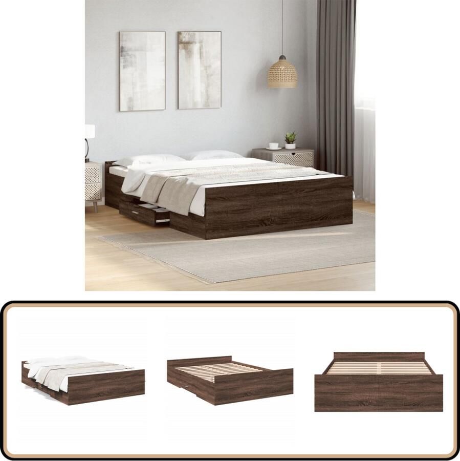 VidaXL Bedframe met lades bewerkt hout bruin eikenkleur 120x190 cm Bruin Houten Bed Frame Slaapkamermeubilair Bed Met Lade Tweepersoons Bed Compact Bed Frame