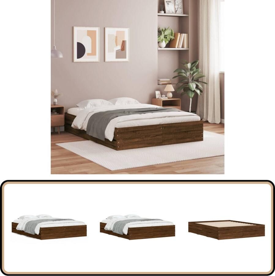 VidaXL Slaapkamersdecoratie Bruin Houten Bed Frame Bedframe met lades bewerkt hout bruin eikenkleur 140x190 cm Tweepersoons Bed Boxspring Bed Hoofdbord Bed