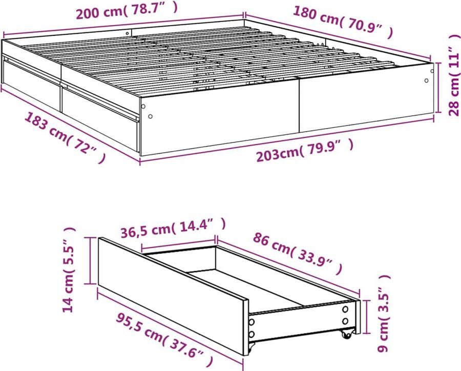 VidaXL -Bedframe-met-lades-bewerkt-hout-zwart-180x200-cm - Foto 3