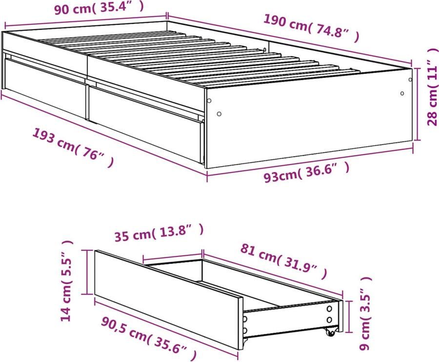 VidaXL -Bedframe-met-lades-bewerkt-hout-zwart-90x190-cm - Foto 2