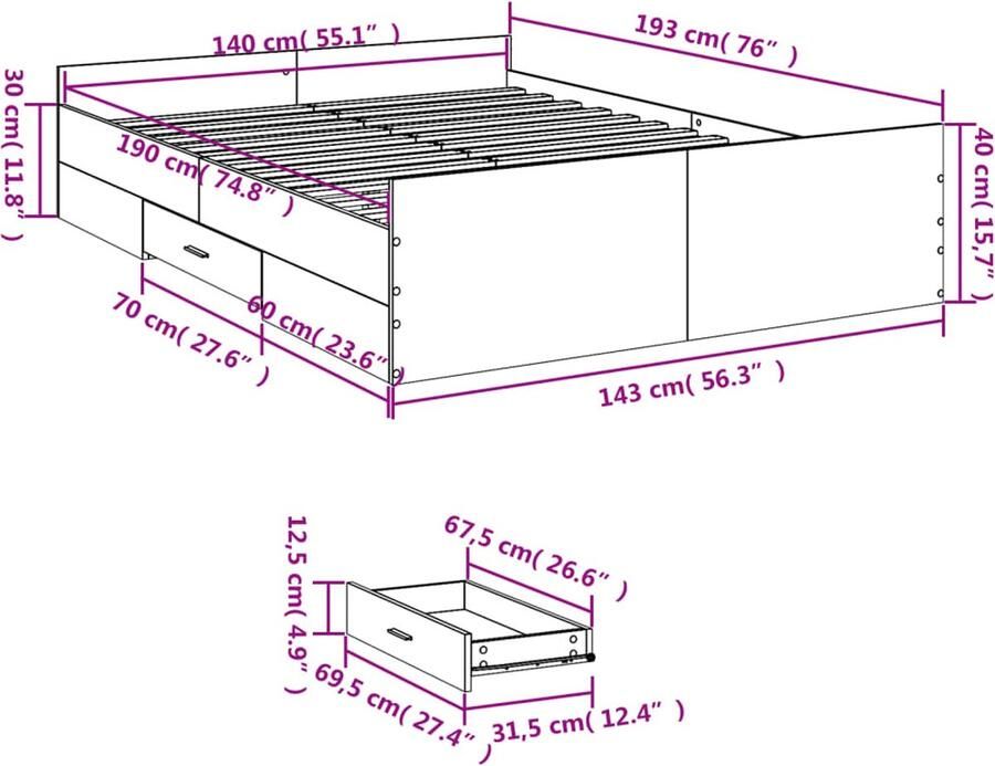 VidaXL -Bedframe-met-lades-bewerkt-hout-wit-140x190-cm - Foto 3