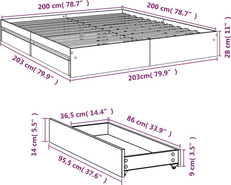 VidaXL -Bedframe-met-lades-bewerkt-hout-grijs-sonoma-eiken-200x200-cm - Foto 2