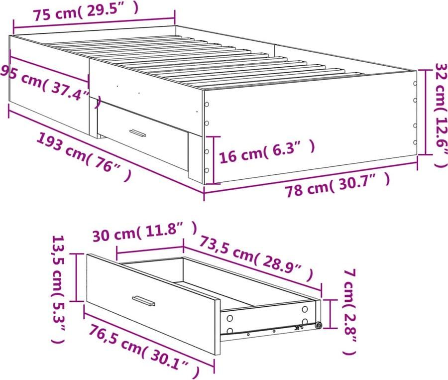VidaXL -Bedframe-met-lades-bewerkt-hout-zwart-75x190-cm - Foto 2