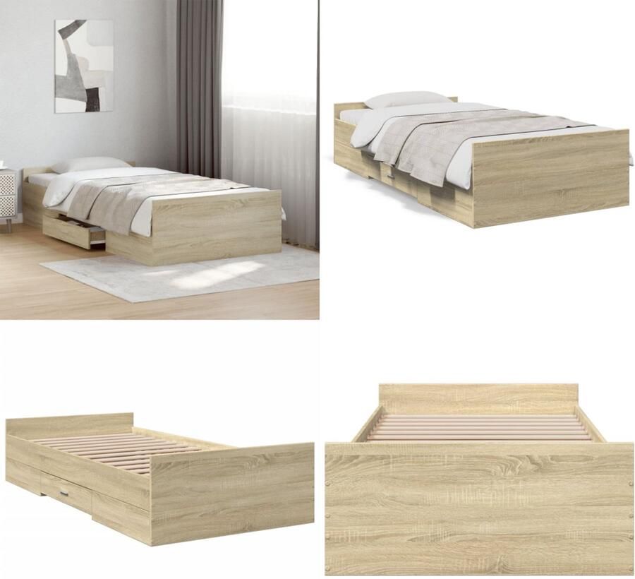 VidaXL Bedframe met lades bewerkt hout sonoma eikenkleurig 75x190 cm Bedframe Bedframes Bed 1-persoonsbed