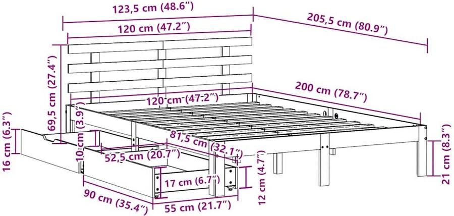 VidaXL Bedframe met lades massief grenenhout 120x200 cm