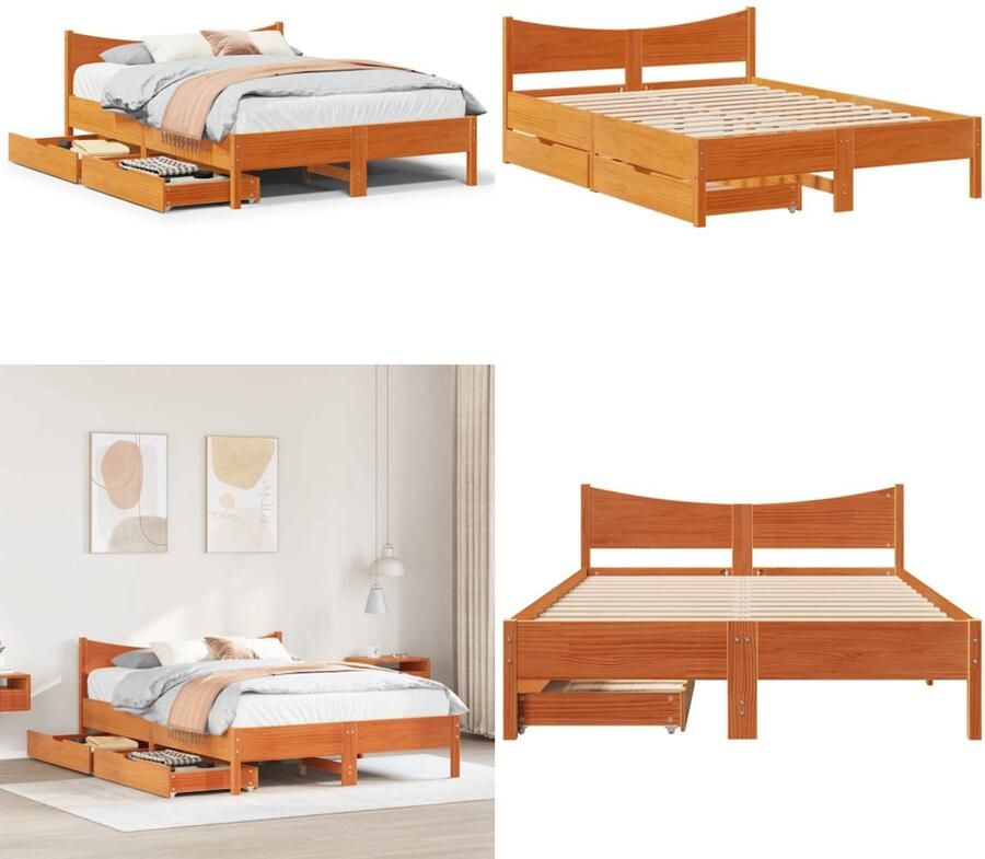 VidaXL Bedframe met lades massief grenenhout wasbruin 140x190 cm Bedframe Bedframes Bed Bedbodem