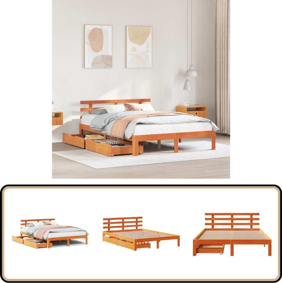 VidaXL Bedframe met lades massief grenenhout wasbruin 150x200 cm