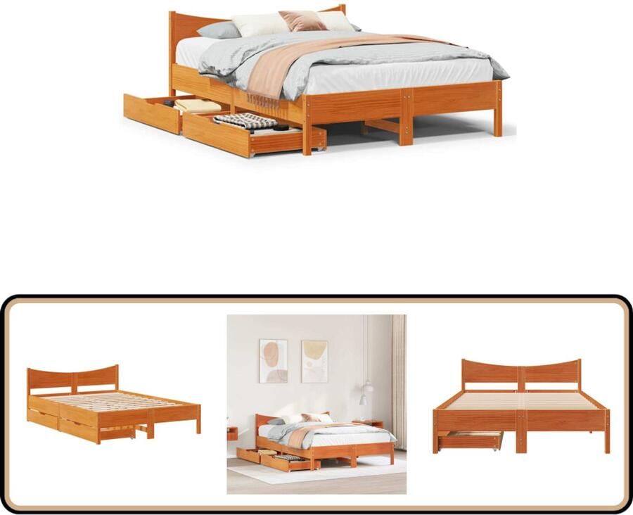 VidaXL Bedframe met lades massief grenenhout wasbruin 150x200 cm