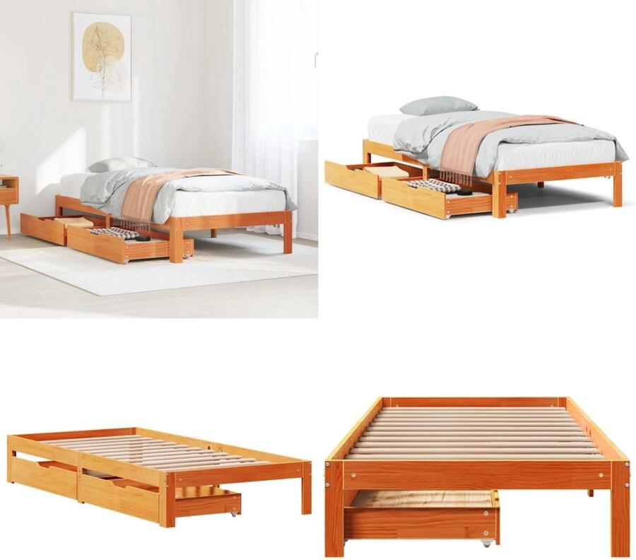 VidaXL Bedframe met lades massief grenenhout wasbruin 90x190 cm Bedframe Bedframes Bed Bedbodem
