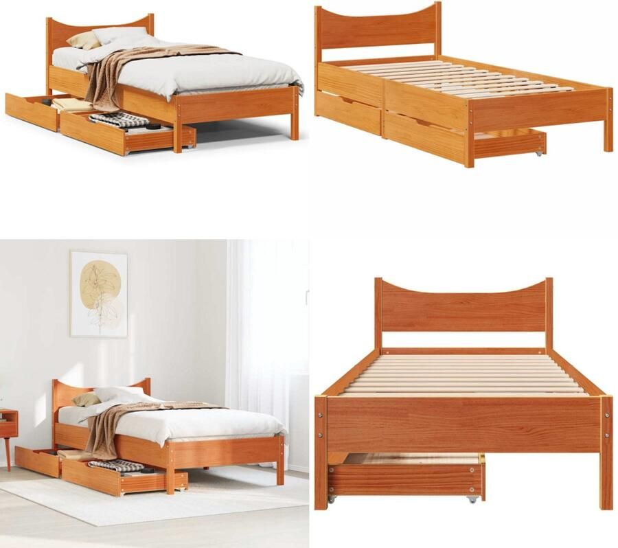 VidaXL Bedframe met lades massief grenenhout wasbruin 90x200 cm Bedframe Bedframes Bed Bedbodem