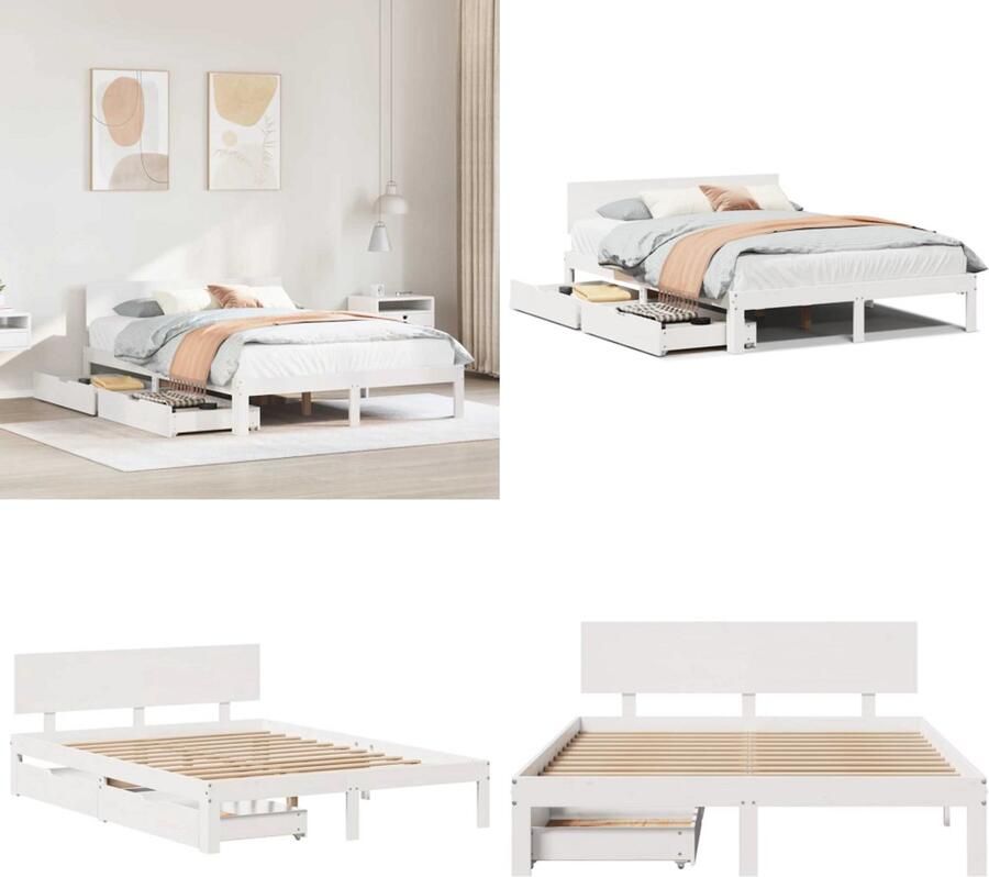 VidaXL Bedframe met lades massief grenenhout wit 120x190 cm Bedframe Bedframes Bed Bedbodem