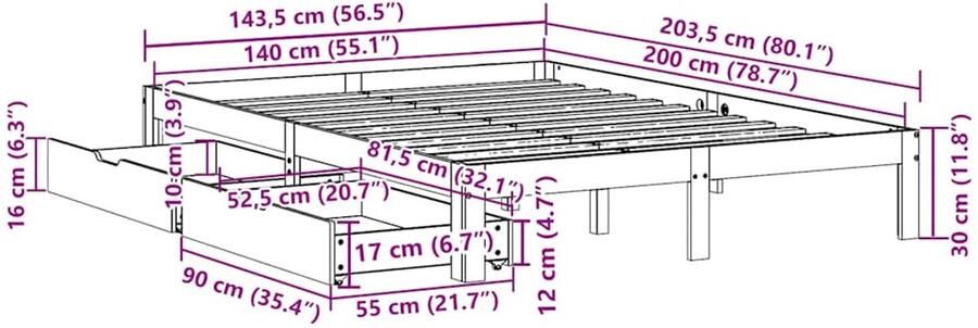 VidaXL Bedframe met lades massief grenenhout wit 140x200 cm - Foto 2
