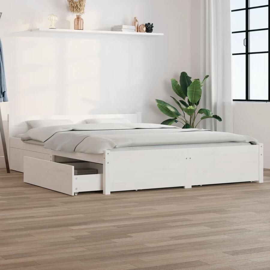 VidaXL Bedframe met lades Wit 140x200 cm Houten Bed Frame Klassieke Bedden Bed Met Lades Grenenhout Bed Wit Bed Tweepersoons Bed Boxspring Alternatief - Foto 3