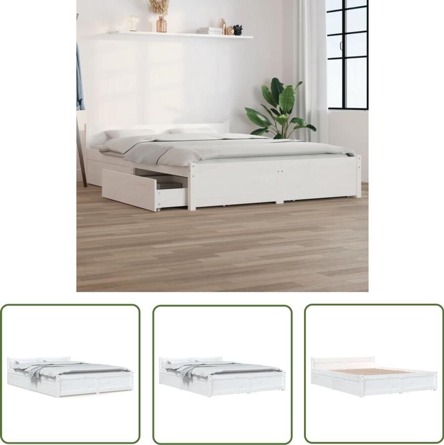 VidaXL Bedframe met lades Wit 140x200 cm Houten Bed Frame Klassieke Bedden Bed Met Lades Grenenhout Bed Wit Bed Tweepersoons Bed Boxspring Alternatief - Foto 2