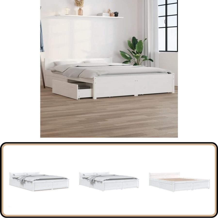 VidaXL Bedframe met lades Wit 140x200 cm Houten Bed Frame Klassieke Bedden Bed Met Lades Grenenhout Bed Wit Bed Tweepersoons Bed Boxspring Alternatief
