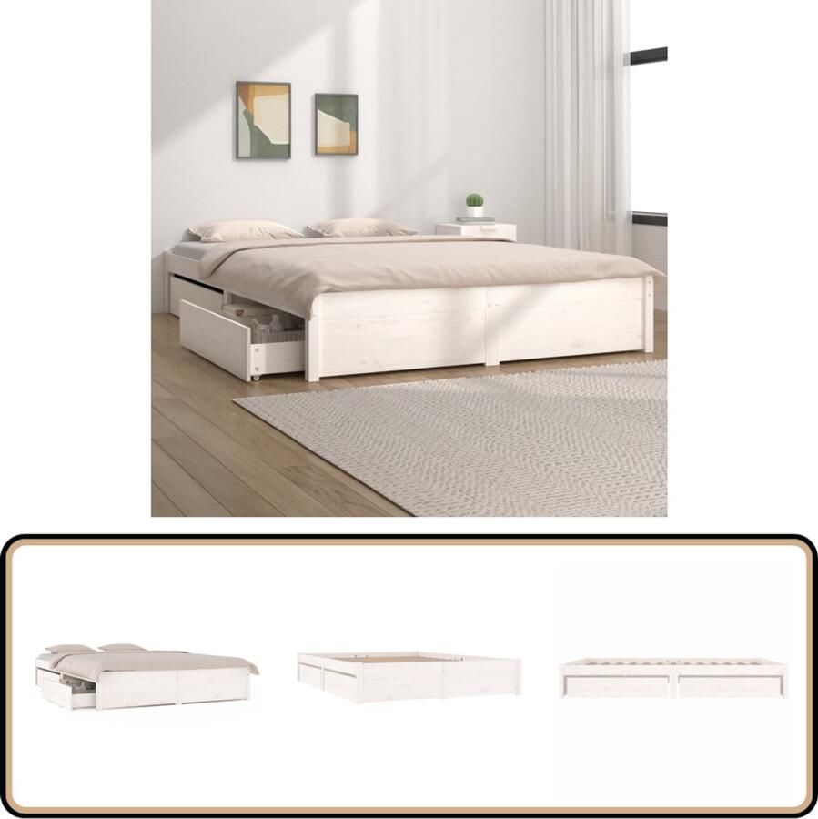 VidaXL Bedframe met Lades Wit 160x200 cm Houten Bed Frame Massief Grenenhout Bed Frame Met Laden Boxspring Bed Tweepersoons Bed Slaapkamer Meubels Wit Bed Frame