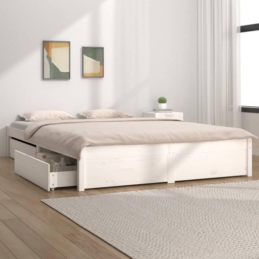 VidaXL Bedframe met lades wit 200x200 cm Houten Bedframe Grenenhout Bedframe Met Lades Wit Bedframe Tweepersoons Bedframe 200x200 Cm Bedframe - Foto 2