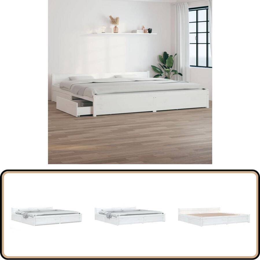 VidaXL Bedframe met lades Wit 200x200 cm Klassieke Houten Bed Frame Tweepersoons Bed Houten Bed Wit Bed Met Opbergruimte