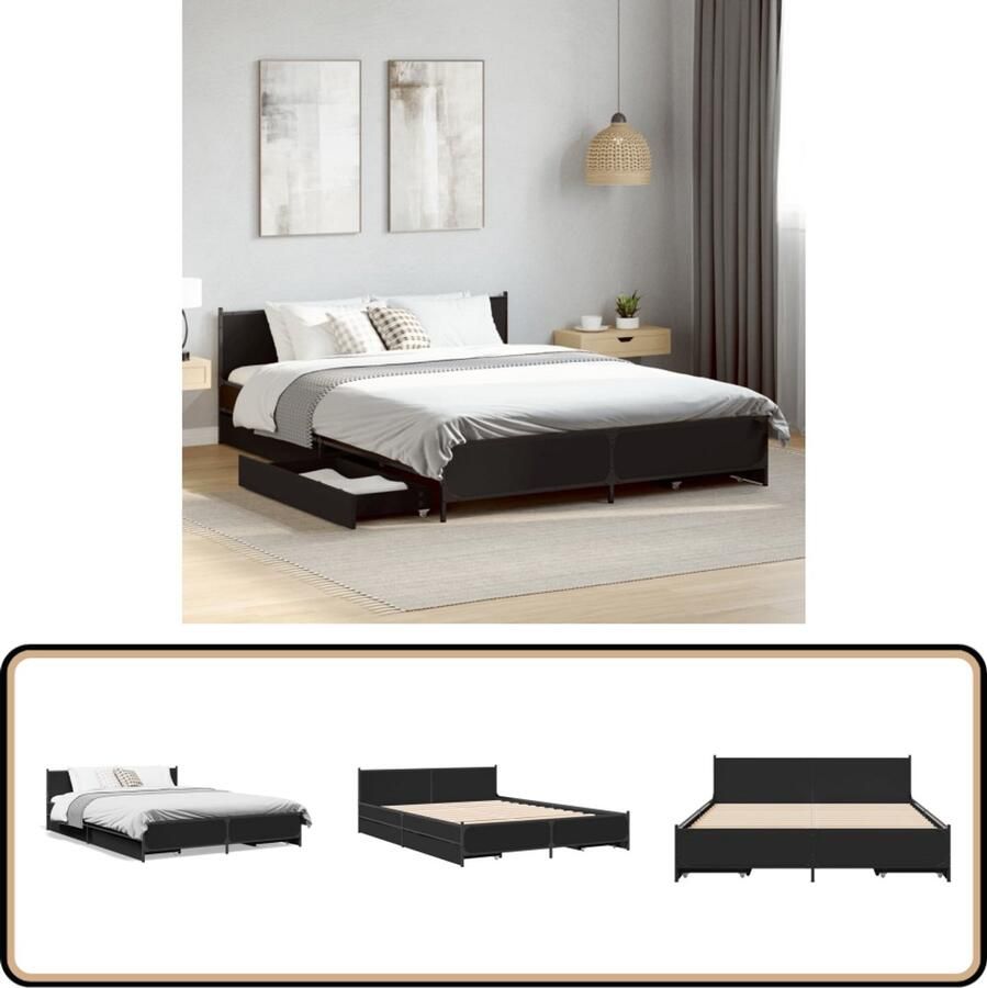 VidaXL Bedframe met Lades Zwart 120x190 cm Slaapcomfort Houten Bed Frame Boxspring Bed Tweepersoons Bed Bedlade Hoofdbord Minimalistisch Bed Modern Bed Zwart Bed