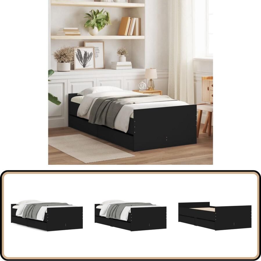 VidaXL Bedkast Slaapbank Bedframe met lades zwart 90x200 cm Boxspring Hoofdbord Houten Bed