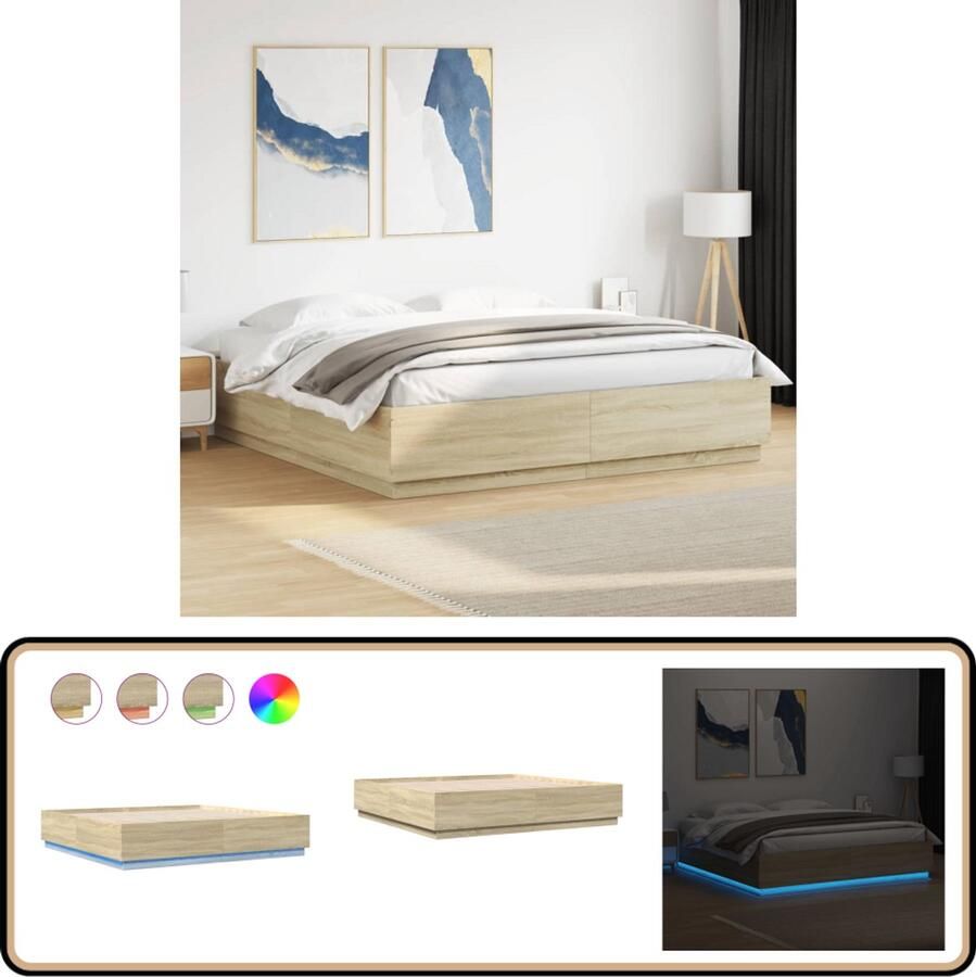 VidaXL Bedframe met LED 180x200 cm Sonoma Eiken Bedframe Houten Bed Led Bed Slaapcomfort Bedroom Decor Nachtlampje Lichtfunctie